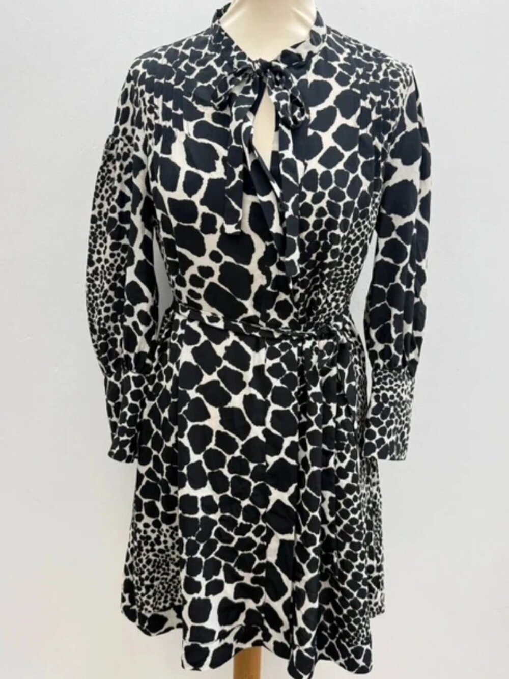 Topshop Black and White Animal Print Tie-Neck Dress  Size 8